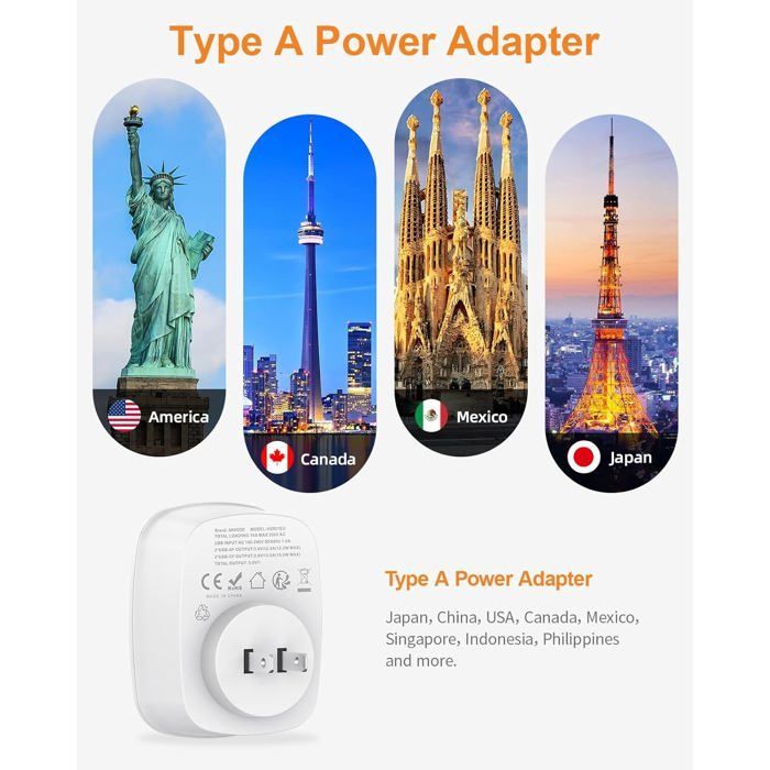 Adattatore da Giappone a Francia, adattatore con spina giapponese con 2 porte USB C e 2 porte USB A, adattatore da viaggio 5 in 1 per spina di tipo A