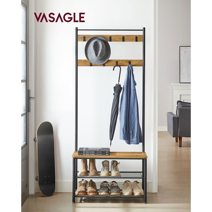 VASAGLE Garderobe mit Schuhablage, Flurmöbel mit Bank, 3-in-1, Stahlrahmen, 32 x 70 x 177 cm, Braun und Schwarz