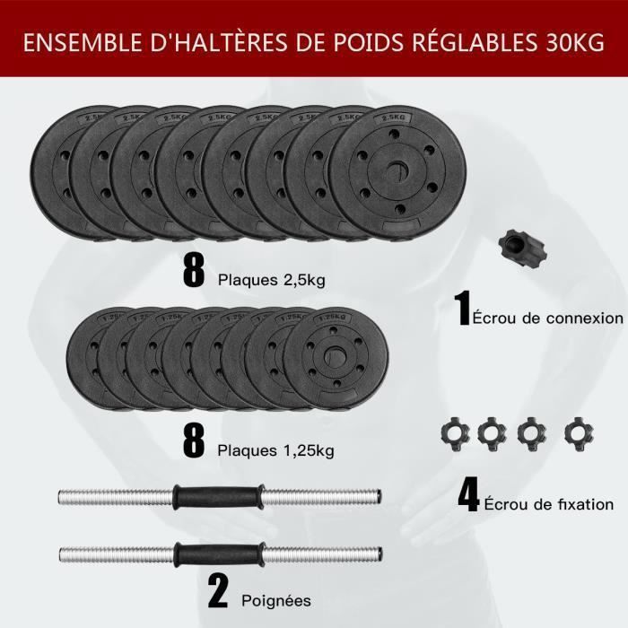 Juego de mancuernas ajustables COSTWAY para entrenamiento de fuerza, 30 kg, mancuernas cortas 2 en 1 (8 x 2,5 kg + 8 x 1,25 kg), mango cómodo de 100 cm.