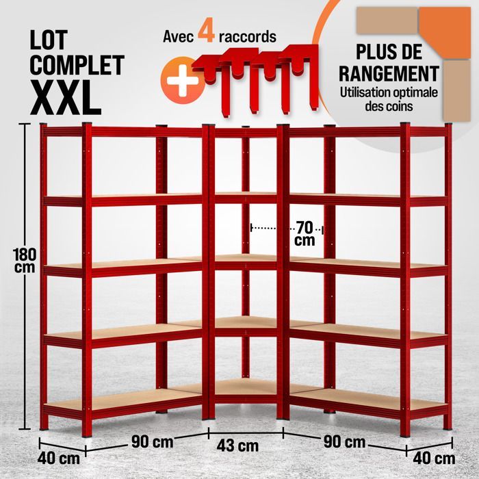 MONZANA® Juego de 3 estanterías de alta resistencia, 5 niveles, color rojo, estantería metálica modular, capacidad de 2625 kg, estantería de esquina para garaje o taller.