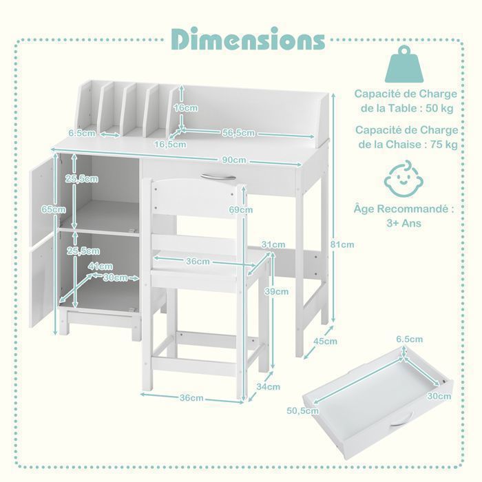 Escritorio infantil GOPLUS con silla - 90x45x81CM - 1 cajón deslizante + 2 puertas + estante superior - Blanco