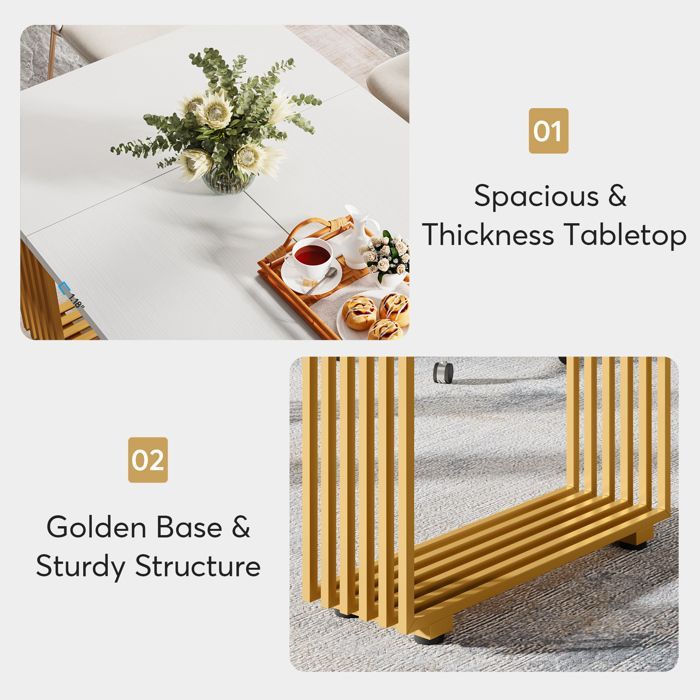 Tavolo da pranzo moderno, Little Tree, tavolo da cucina in legno da 180 cm con gambe in metallo dorato per 6-8 persone, bianco e oro