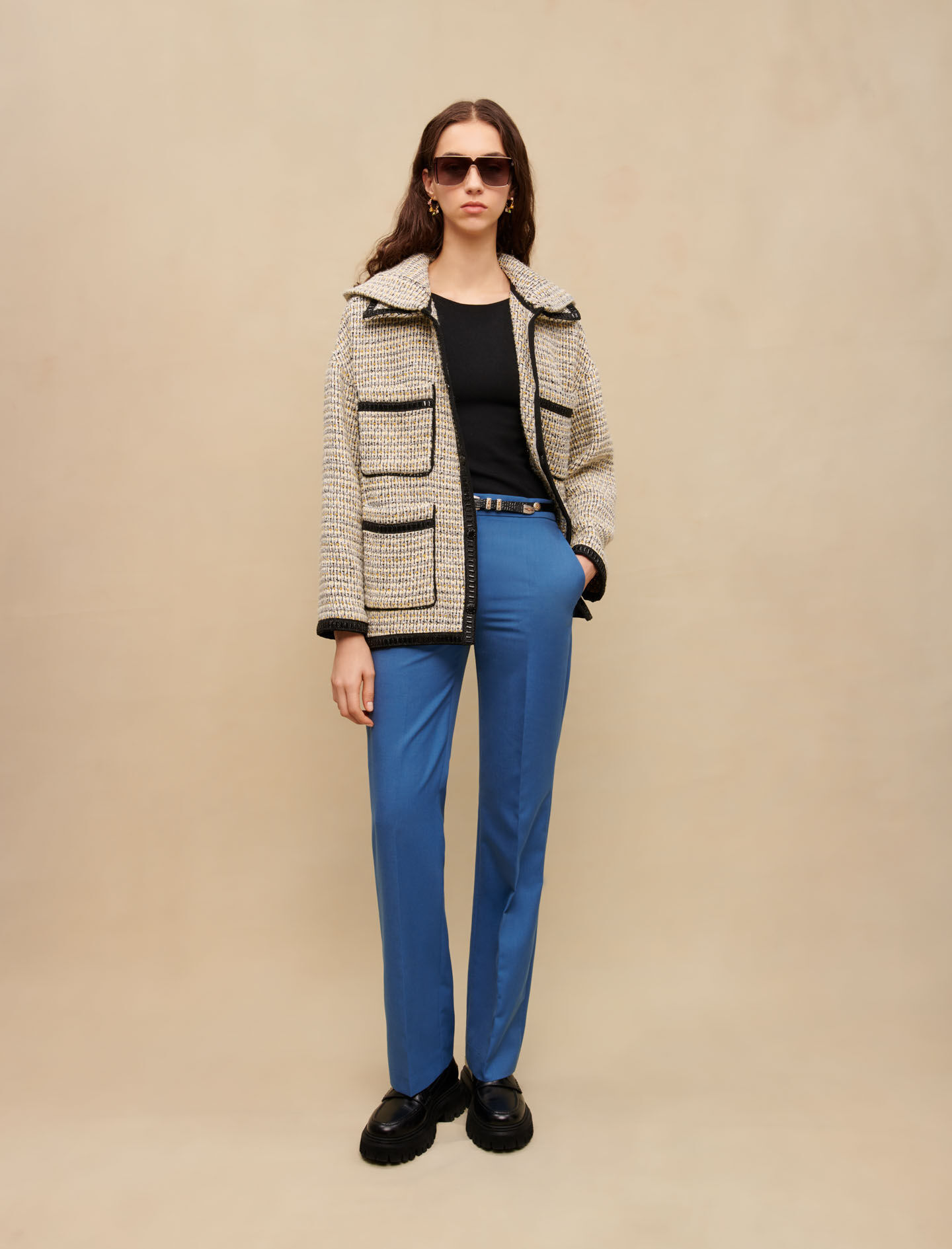 Palton cu glugă din tweed - Galben