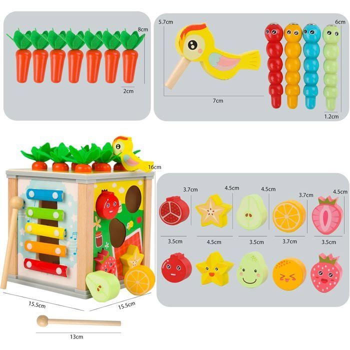 Activity Cube - Montessori - 6 in 1 - Multicolored Wood - For babies from 12 months - Unisex