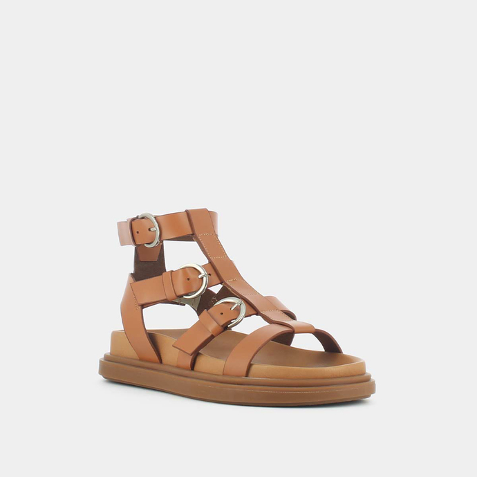 Sandales à brides et semelles épaisses  en cuir glacé cognac