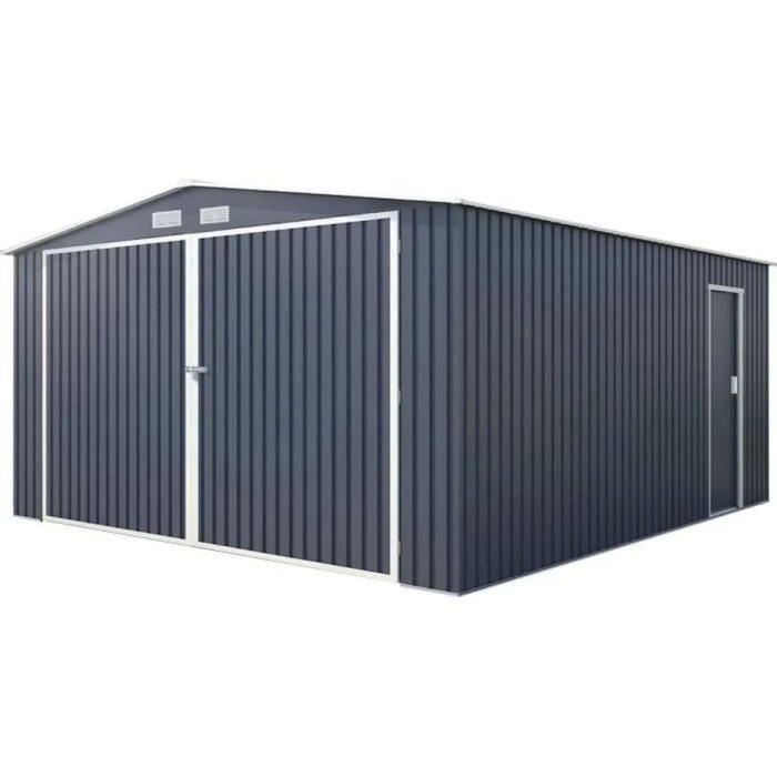 Casetta/garage da giardino in metallo da 16 m² - 380 x 420 x 232 cm - COMET - Kit di ancoraggio, 2 porte scorrevoli, 1 porta laterale - Grigio