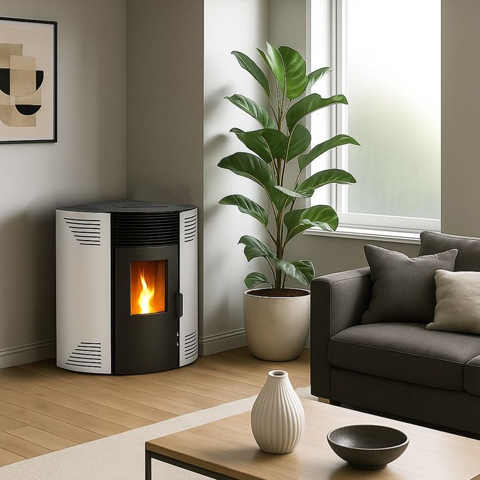 Estufa de pellets de esquina sellada Sannover Iseos de 12,2 kW, color blanco