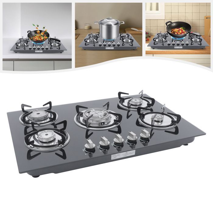 Cocina de gas empotrable con 5 quemadores - Placa de gas natural - Cocina de gas natural - Superficie de vidrio templado - 5 quemadores
