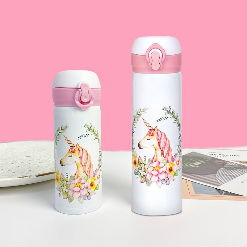 Gourde isotherme licorne mignonne avec couvercle à ressort, en acier inoxydable, pour boissons portables