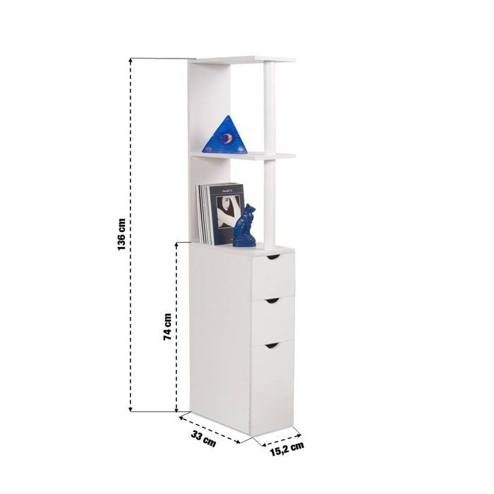 Smalle toilet-/badkamerkast van 15,2 cm, 136 cm hoge kolom van wit melaminehout - 3 planken + kast + 2 lades
