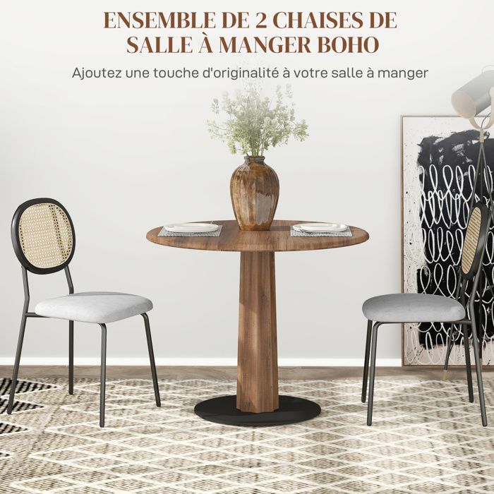 Juego de 2 sillas de comedor - HOMCOM - estilo bohemio - respaldo de ratán, tejido transpirable efecto lino - estructura de acero - gris