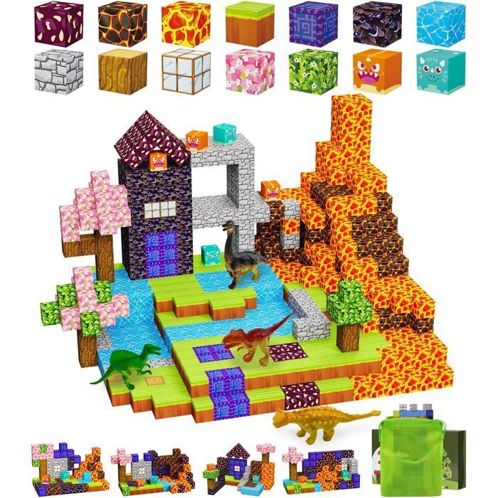 Juego de 100 bloques de construcción magnéticos - Juguete magnético para armar con 4 dinosaurios - Regalo para niños de 3, 4, 5, 6, 7 y 8 años.