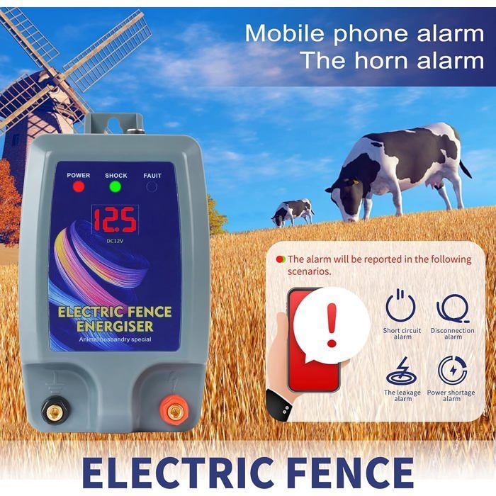 Alimentation pour clôture électrique avec clip de batterie et alarme, sécurité pour volailles, moutons et bétail, idéale pour