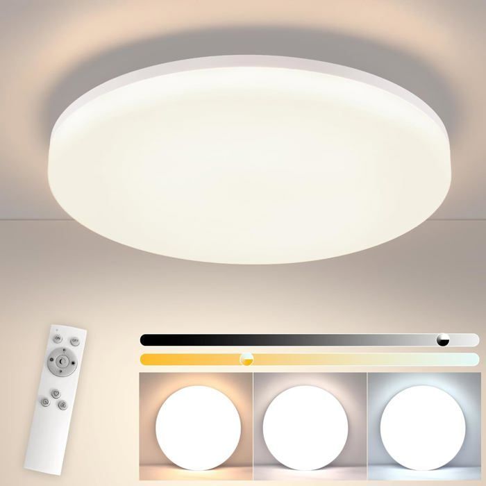 Homefire LED Plafonnier plat dimmable blanc 18W 6000K avec télécommande IP54 ronde cuisine chambre d'enfant salle de bain 22CM
