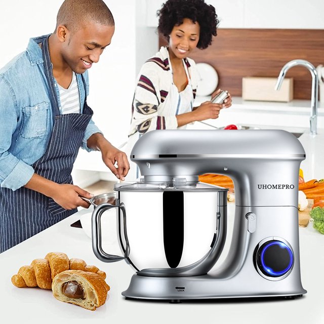 uhomepro 7,5-Liter-Küchenmaschine, 6+0+P-Geschwindigkeitsstufen, kippbarer Kopf, 660 W, Teigkneter, elektrische Küchenmaschine für den privaten und gewerblichen Gebrauch, inklusive Knethaken, Rührbesen, Schneebesen, Spatel, spülmaschinenfest