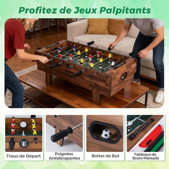 Table de Baby-foot 4 en 1 COSTWAY-Billard,Ping-Pong,Hockey-Accessoires Complets-Plateau Empilable-81 x 43 cm-Maison,Bar-Marron
