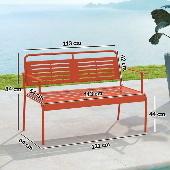 Garden bench - Outsunny - 2-seater - steel - with armrests and backrest - 121 x 64 x 84 cm - red