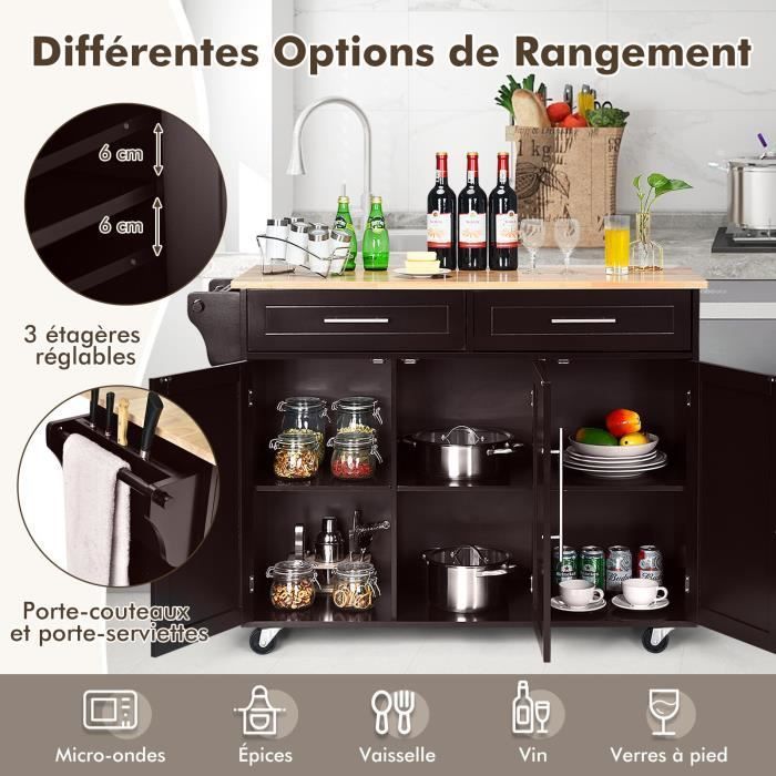 Carrito de cocina con ruedas COSTWAY, isla de cocina con soporte para cuchillos, toallero, 3 puertas y 2 cajones, cafetera