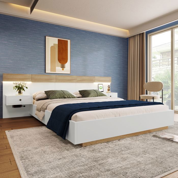 Cama doble MODFU, cama para adultos de 160x200 cm con 2 mesitas de noche LED e interfaz USB-C, madera, blanco y roble, colchón no incluido.