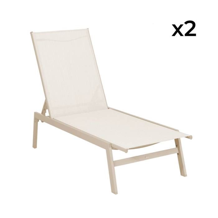 Set di 2 lettini prendisole beige. 5 posizioni. Realizzati in textilene e metallo. FLORA. L155 x P59 x H106 cm