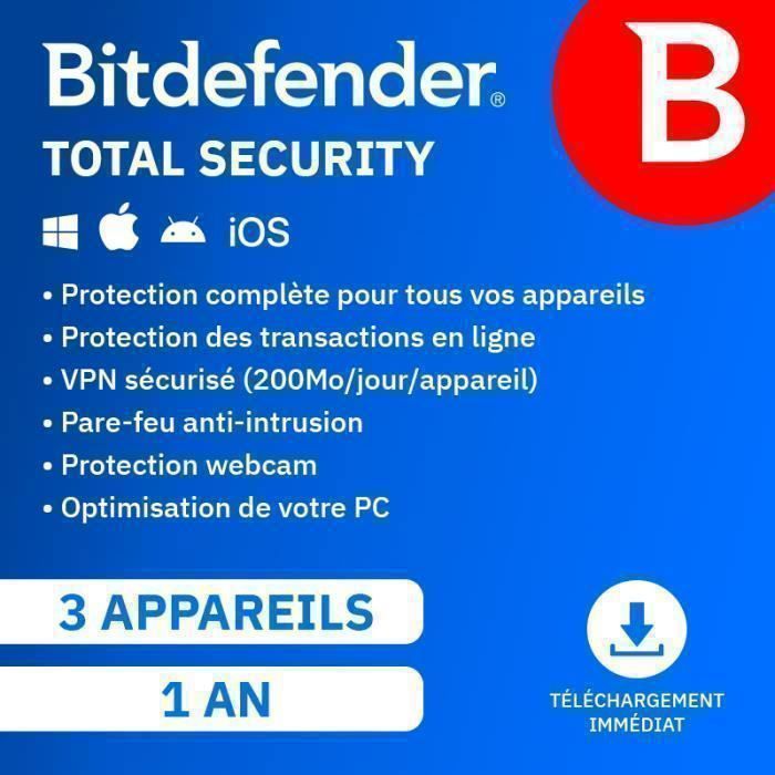 Bitdefender Total Security 2026* - (3 Appareils - 1 An) | Renouvellement automatique | Version Téléchargement