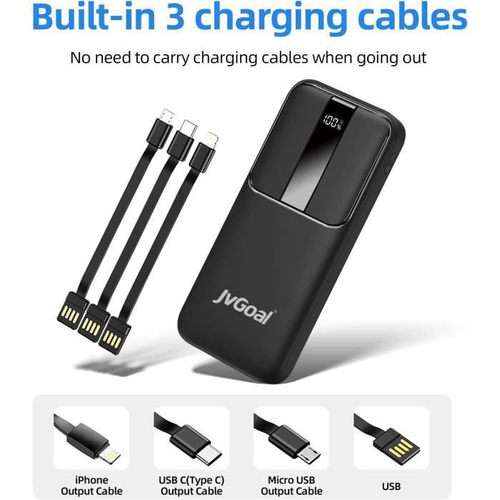 JvGoal 10000mAh External Battery with Built-in Cables, PD and QC 22.5W Fast Charging, USB Output Port for iPhone/Huawei/Samsung