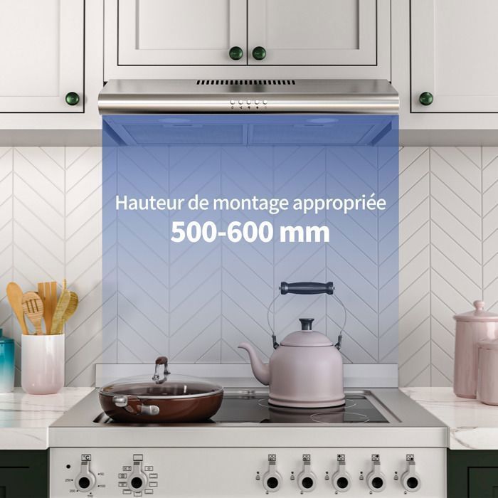 FIREGAS Montage sous armoire hotte d'aspiration murale 60cm pour évacuation et recyclage, à économie d'énergie BLDC,Classe
