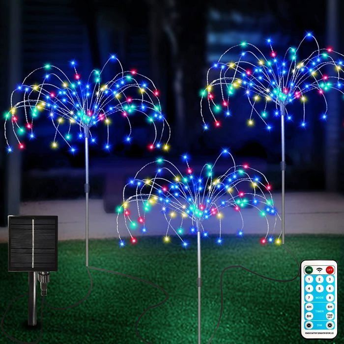 Juego de 3 luces solares para jardín con control remoto, 8 modos, 120 LED, iluminación exterior.