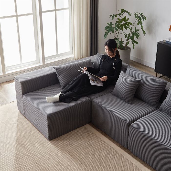 Sofá modular DRIPEX de 4 lugares em veludo cotelê, 335 cm, sofá estofado compacto com 4 almofadas, combinação livre, cinza