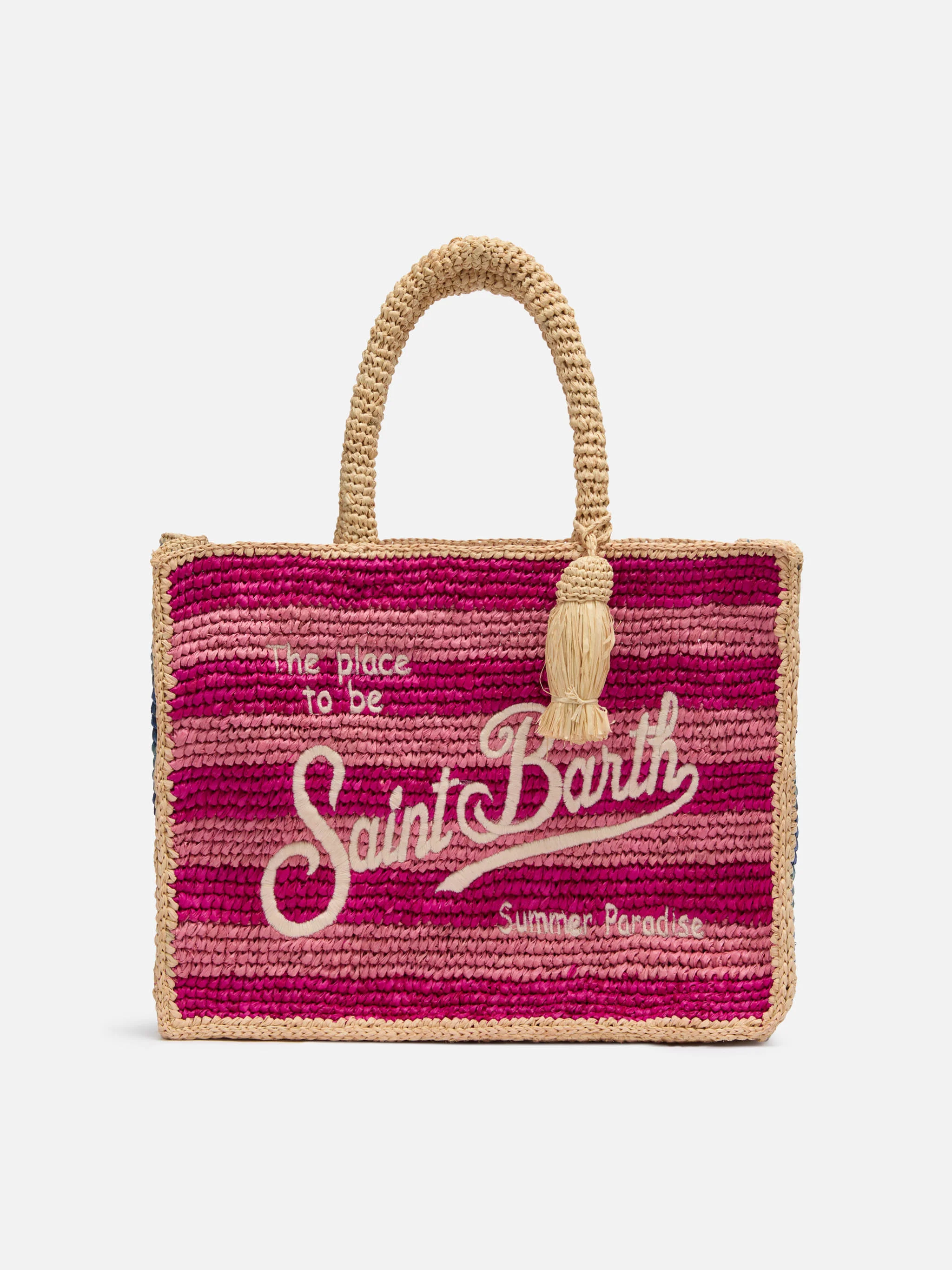Colette-tas van veelkleurig gestreept raffia met geborduurd logo.
