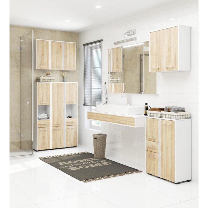 AKORD FIN Witte Badkamerkolom 30 cm 2 Deuren 1 Lade Sonoma Eiken Front 5 Planken 30x30x140 cm