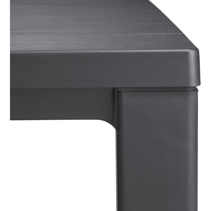 Mesa de jardim retangular, cinza grafite, resina com acabamento em madeira, acomoda de 4 a 6 pessoas, modelo Julie, da marca Allibert, fabricada pela KETER.