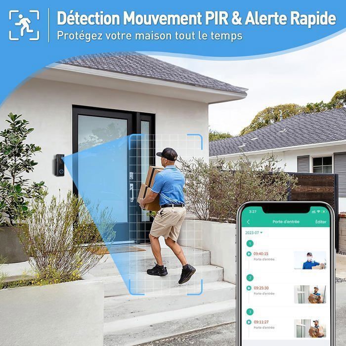 XTU 2K Wireless Doorbell with 2.4G WIFI Camera, Multi-Angle Support, PIR Motion Detection, Night Vision, IP66 Waterproof