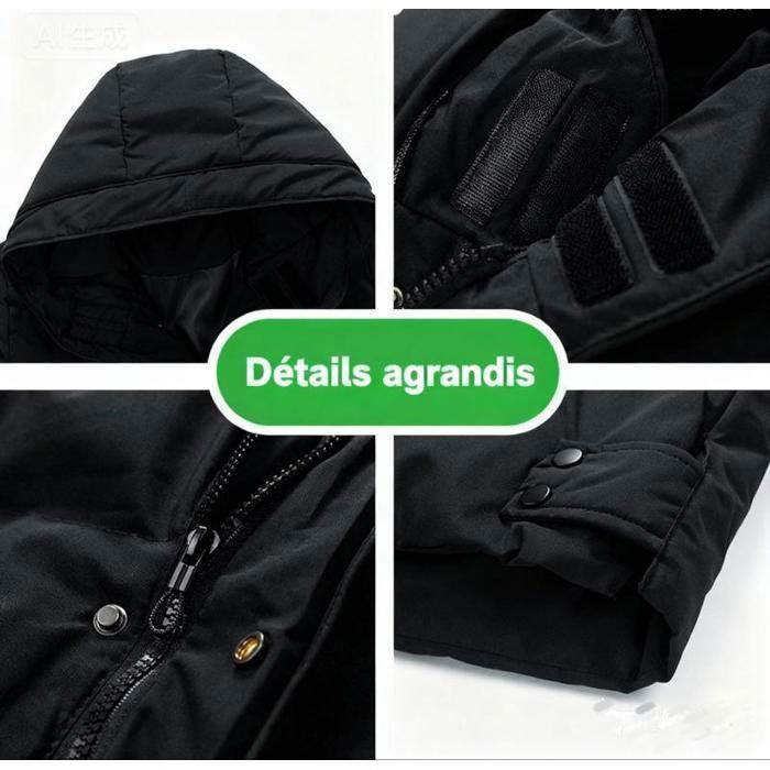 Chaqueta acolchada para hombre con capucha, abrigo de invierno cálido, chaqueta informal de largo medio con mangas largas, color liso con bolsillos – Negro