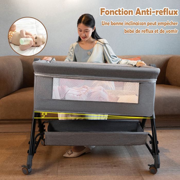 Lit Bébé Berceau Cododo pour Bébé 0-36 Mois, Hauteur Réglable Lit Cododo avec Matelas, Panier de Rangement, Table à Langer - Gris
