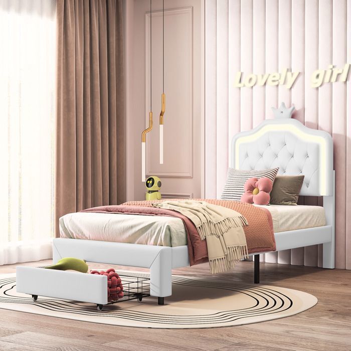 Cama infantil de 90 x 200 cm con cajones - Estructura de cama con cabecero regulable - Iluminación LED - Cama individual para niñas con somier de láminas - En piel sintética