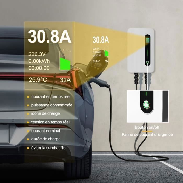 Morec 7kw 32A Monophasé VE Wallbox Borne de Recharge avec Type 2 Câble Charge rapide, 6 mètres, blanche