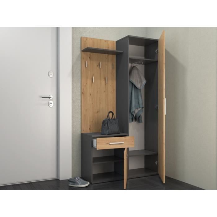 Meuble d’entrée - CDF - Armoire avec miroir - Gris mat - Design contemporain - 5 crochets