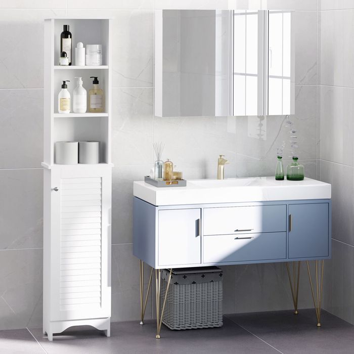 Meuble colonne - HOMCOM - salle de bain 3 niches placard porte persienne 3 étagères rangement - MDF - 30x30x144cm - blanc