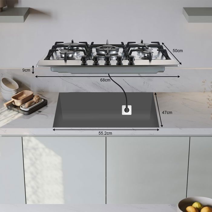 Plaque de Cuisson Gaz 5 Feuxs, Plaque Gaz Inox 68 cm,Cuisinière à Gazs 5 Brûleurs Encastrable,10480W,Sécurité Thermocouple