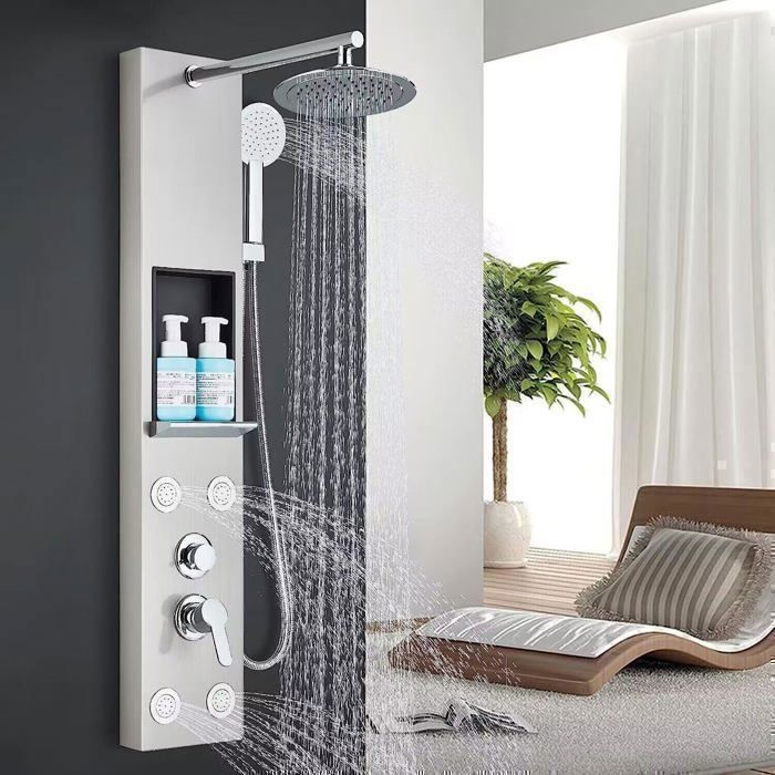Colonna doccia idromassaggio multifunzionale in acciaio inox con soffione fisso, funzione massaggio e mensola (nichel spazzolato)