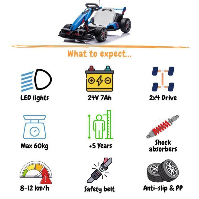 Kart eléctrico BMW de 24 V - Azul - Para edades de 5 a 12 años - Producto con licencia oficial - Función de derrape - 2 x 200 W - Velocidad máxima: 12 km/h
