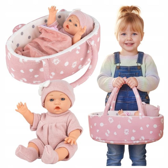 Muñeca bebé de 30 cm con portabebés, almohada, manta y chupete – Kinderplay (KP0662)