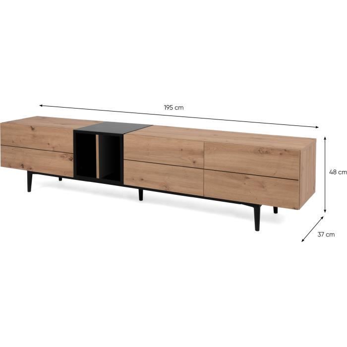 TV-meubel met 3 neerklapbare deuren - Eikenhout en zwarte afwerking - B 195 x D 37 x H 48 cm - NOLA
