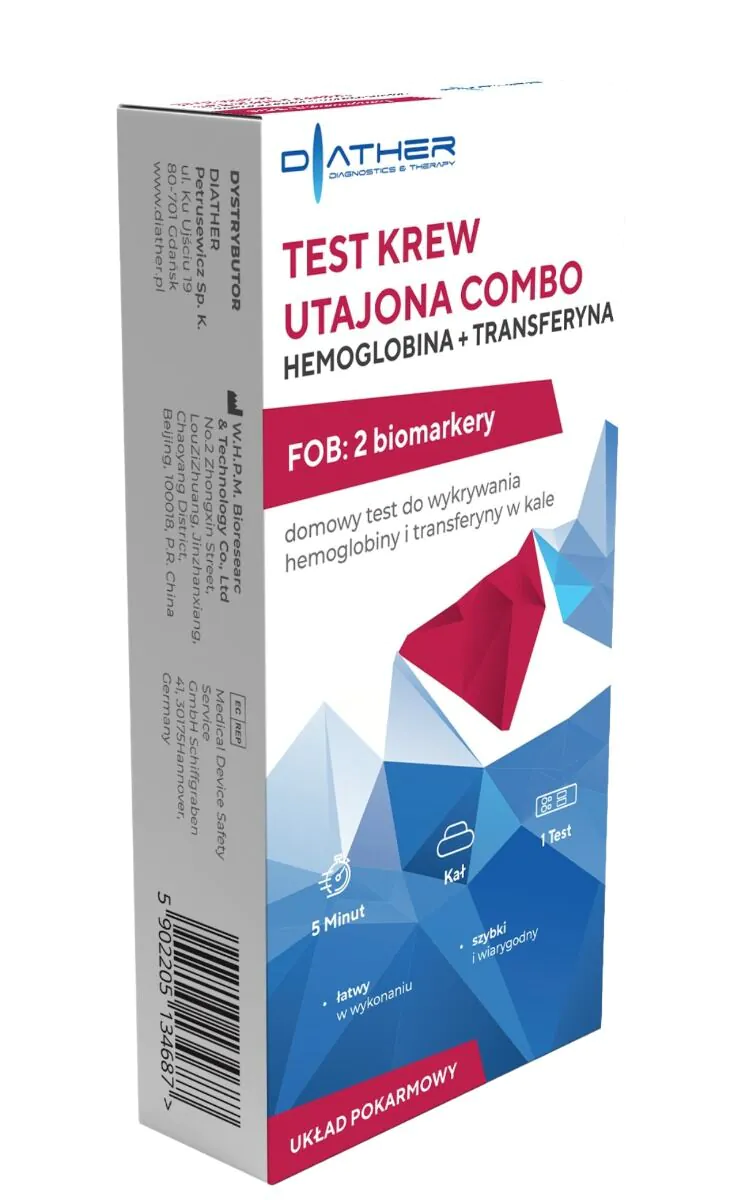 Diather Test Krew Utajona Combo Hemoglobina + Transferyna, FOB: 2 biomarkery