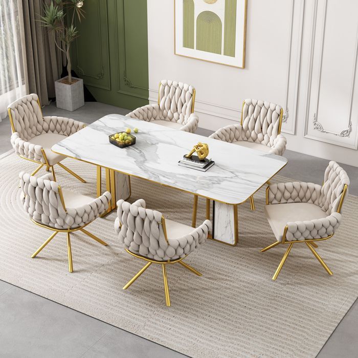 MODFU Juego de 6 sillas de comedor con 4 patas metálicas, sillas giratorias de ocio, terciopelo, color beige.
