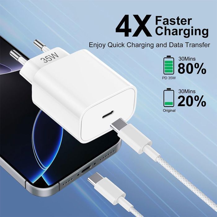 Chargeur Rapide 35W - E.F.Connection - 2 Câbles USB-C 1M - Compatible iPhone 17/16/15 - Charge rapide