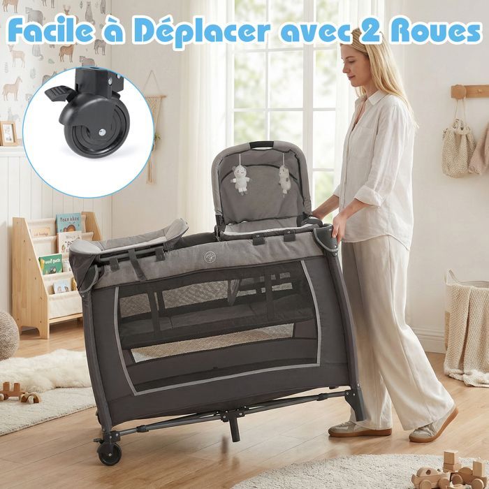 Lit Bébé Parapluie avec Matelas 5 en 1 COSTWAY-Berceau,Table à Langer-Lit de Voyage-Jouets Suspendus,Boîte à Musique-Roulettes-Gris