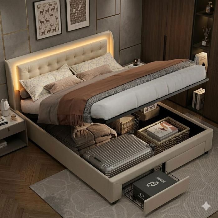 Double bed 140x190 cm - SUNFECILI - Storage with slatted base - LED - Beige - Hydraulic storage