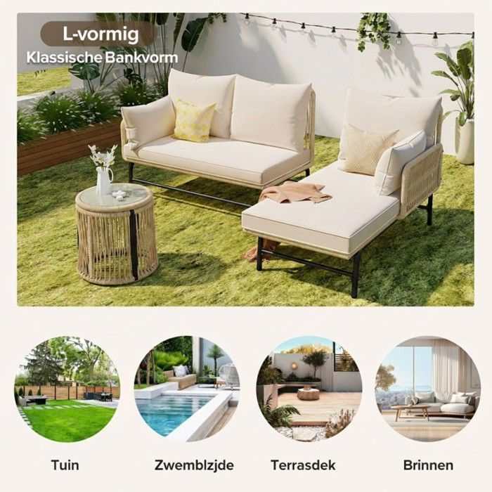 Conjunto de muebles de jardín para exteriores - LANGTU - 6 piezas - Cuerda trenzada beige - Estructura de hierro resistente a la corrosión - Cojines extraíbles de 8 cm